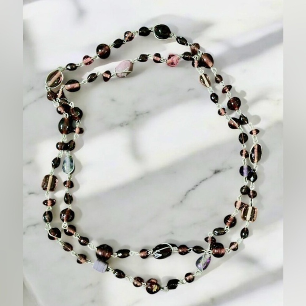 Vintage 70’s long necklace, w/ glass & lucite metal wrap of multicolor beads